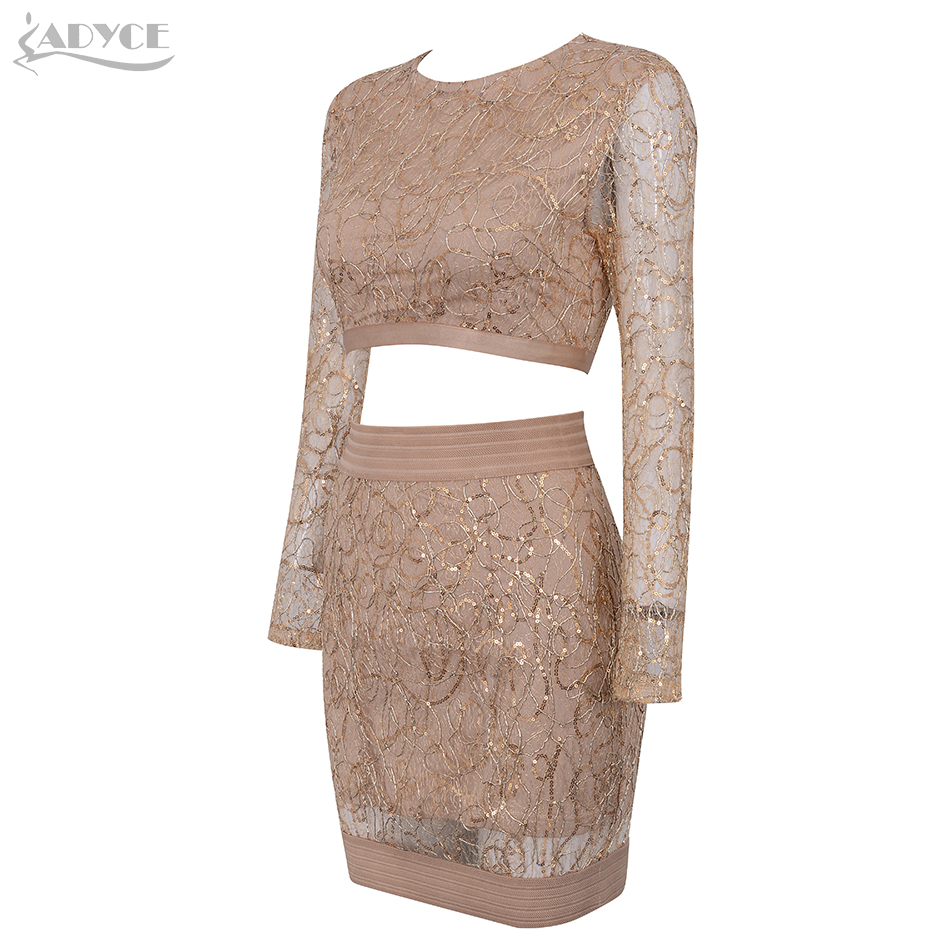  New Bodycon Bandage Women Sets Sexy 2 Two Pieces Gold Sequined Long Sleeve Club Sets Vestido Celebrity Evening Party Dress