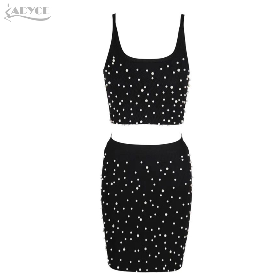   New Summer Bodycon Women Bandage Set Dress Two 2 Pieces Set Top&amp;Skirts Pearls Vestidos Celebrity Evening Party Dress