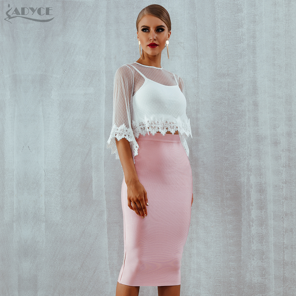   Summer Bandage Sets Chic Fashion Club Crop Tops&amp;Skirt 2 Two Pieces Lace Hollow Out Celebrity Evening Party Dress Sets
