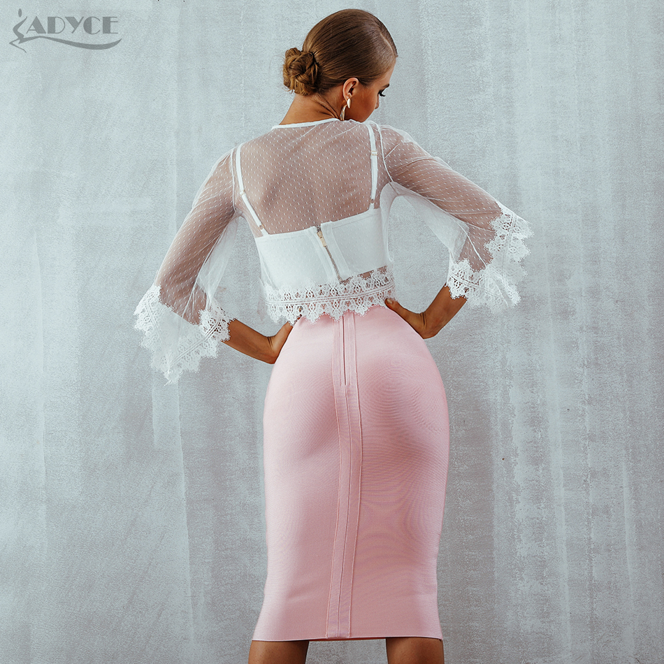   Summer Bandage Sets Chic Fashion Club Crop Tops&Skirt 2 Two Pieces Lace Hollow Out Celebrity Evening Party Dress Sets