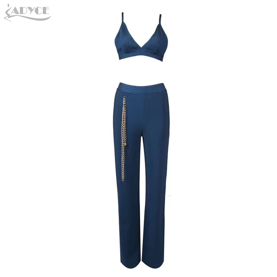   New Fashion Two Pieces Women Bandage Sets Spaghetti Strap Short Top& Full Pants With Chain V Neck Casual Sets