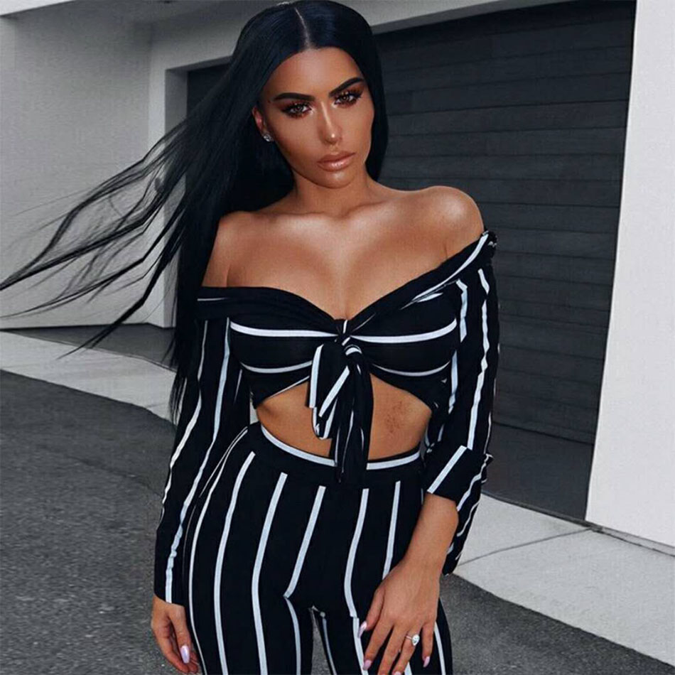   New Summer Women Bandage Set Striped Top &amp; Jumpsuit 2 Two Pieces Set Night Out Celebrity Evening Party Club Women Set
