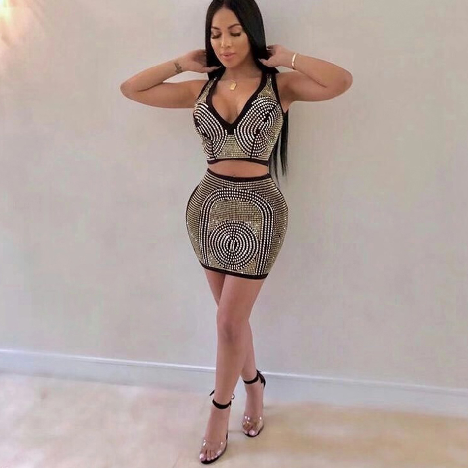  New Summer Bodycon Women Bandage Sets Top&amp;Skirts Bead Deep V Two 2 Pieces Sets Vestidos Celebrity Evening Party Dress