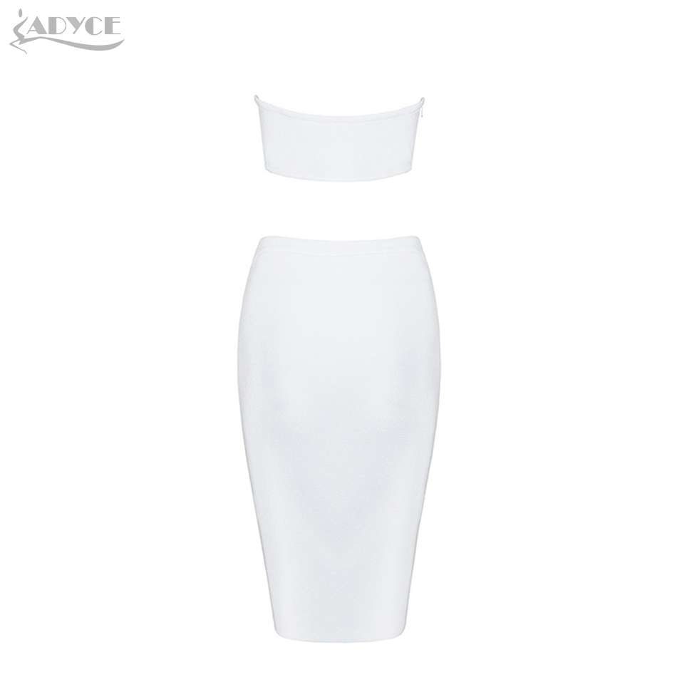   New Summer Women White Bodycon Bandage 2 Two Pieces Sets Strapless Top&Skirts Hollow Out Celebrity Evening Party Sets