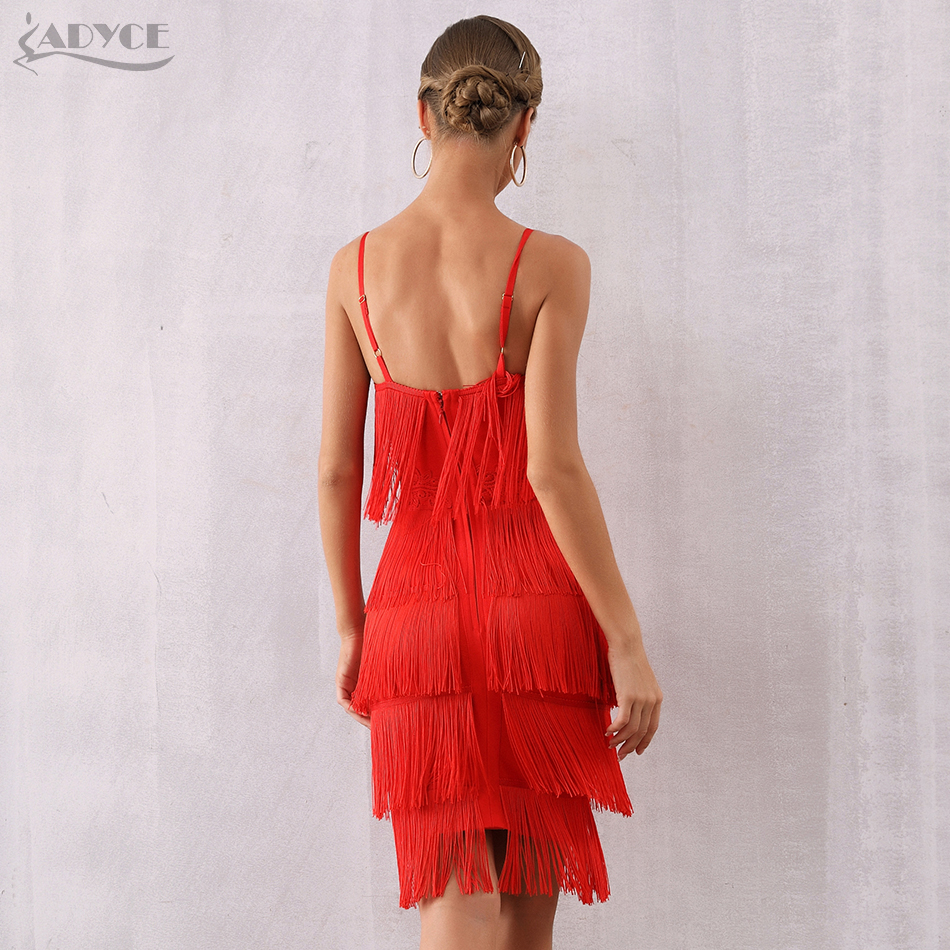   New Summer Women Bandage Dress Sexy V Neck Tassels Fringe Red Club Dress Vestidos Elegant Midi Celebrity Party Dress