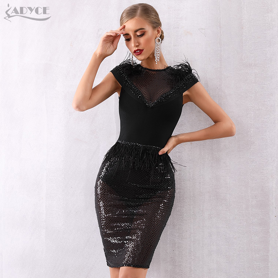   New Summer Bandage Dress Women Elegant Black Sequined Lace Sexy Feather Bodycon Club Bead Dress Celebrity Party Dress