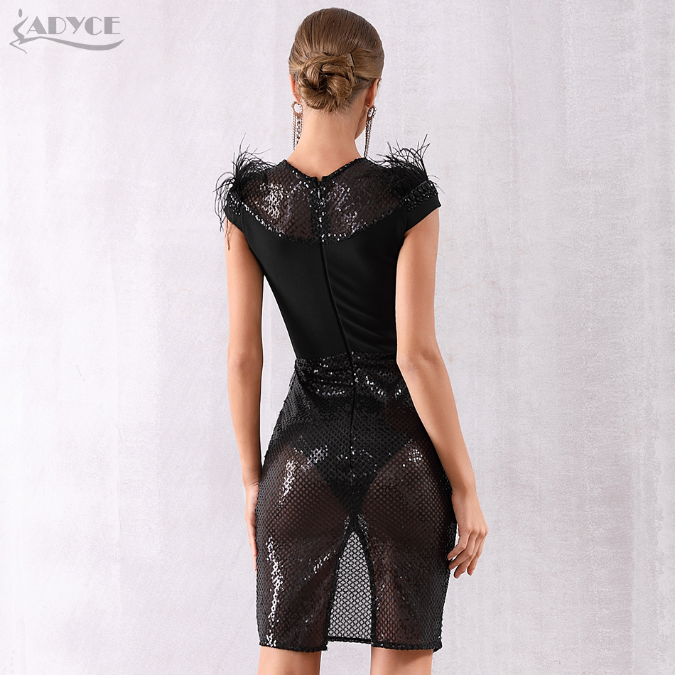   New Summer Bandage Dress Women Elegant Black Sequined Lace Sexy Feather Bodycon Club Bead Dress Celebrity Party Dress