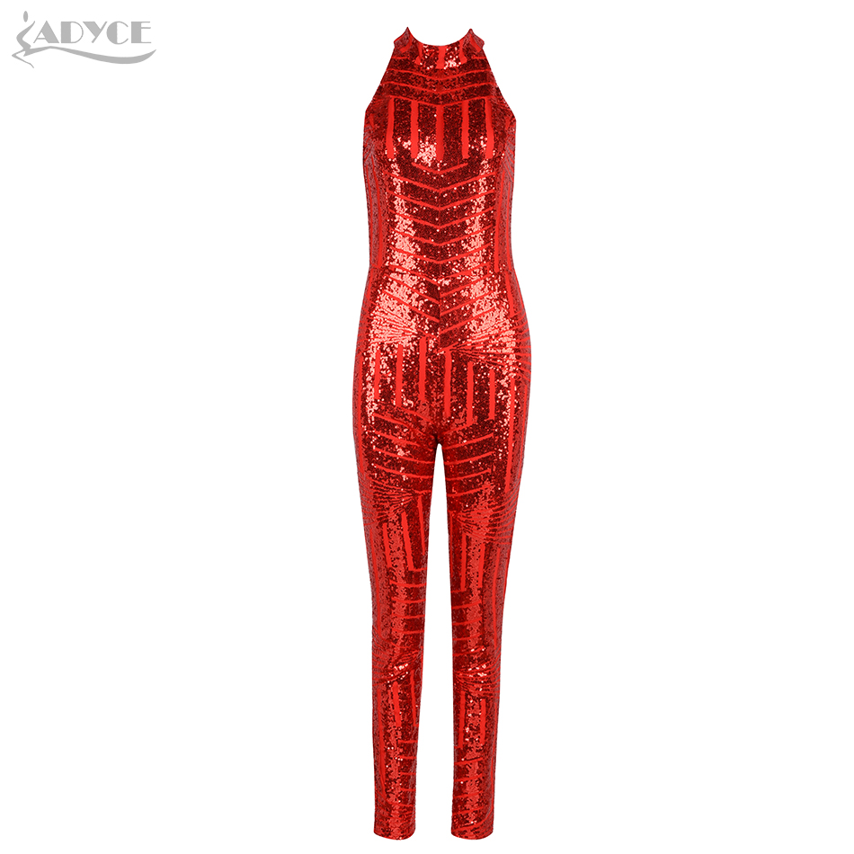   Sexy Summer women Rompers Bodysuit Golden Red Apricot Backless Sequined Full Length Celebrity party Bodycon Jumpsuit