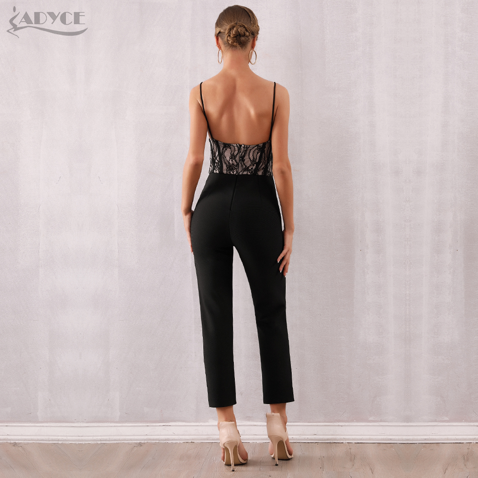  Celebrity Runway Bandage Jumpsuits For Women  New Summer Sexy Lace Romper Spaghetti Strap Long Bodycon Club Jumpsuits