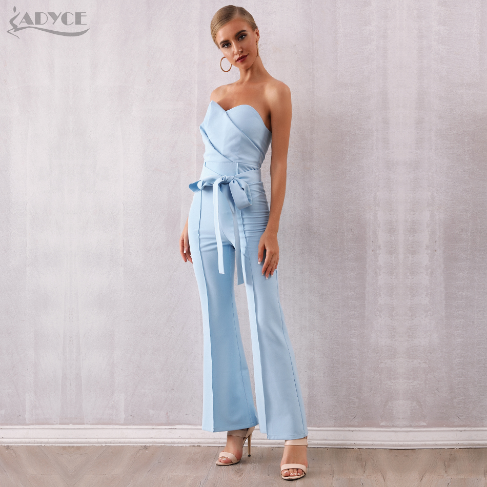  Celebrity Runway Jumpsuits For Women  Summer Sexy Blue Bow Romper Long Jumpsuit Sexy Strapless Bodycon Club Bodysuits
