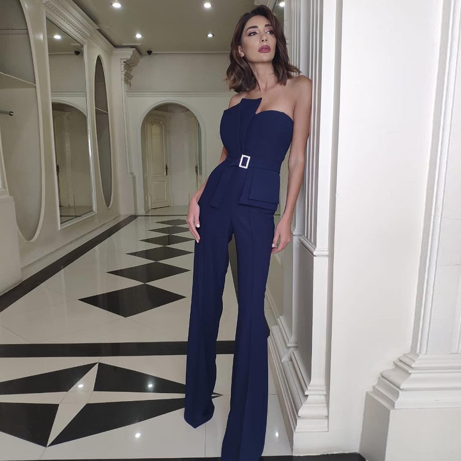  Celebrity Runway Party Jumpsuits For Women  New Summer Sexy Strapless Sleeveless Blue Diamond Sashes Bodycon Bodysuits