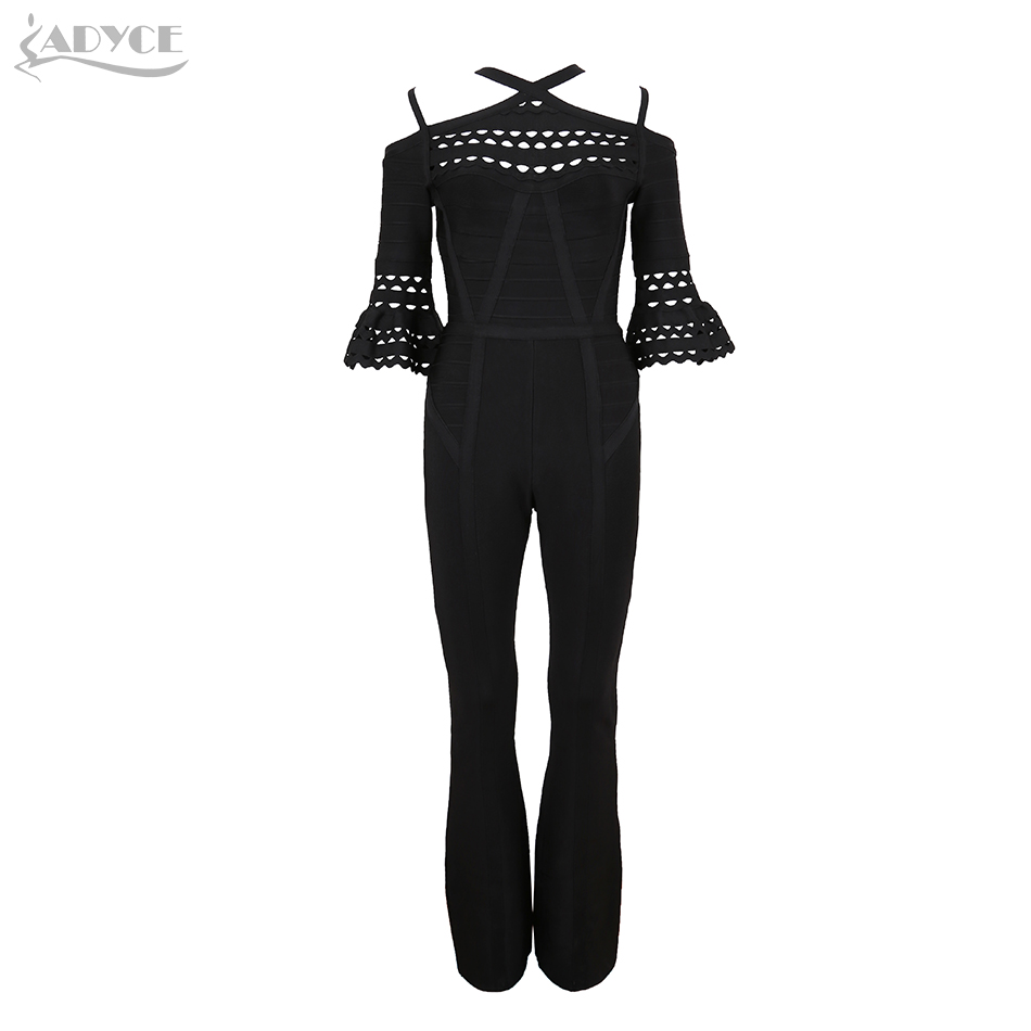   Chic Women Bandage Jumpsuit Sexy Half Sleeve Off the Shoulder Celebrity Party Rompers Blue Black Long Jumpsuits
