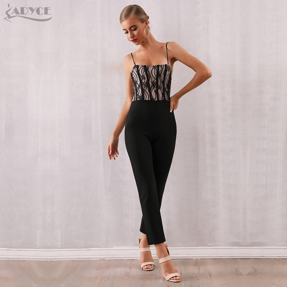   New Summer Lace Celebrity Runway Bandage Jumpsuit For Women Sexy Spaghetti Strap Sleeveless Club Long Jumpsuit Romper