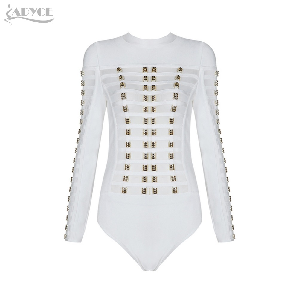   Women Summer Bandage Bodysuit Black White Luxury Gold Beading O-neck Full Sleeve Tight Back Zipper Celebrity Bodysuit
