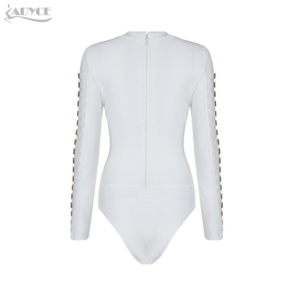   Women Summer Bandage Bodysuit Black White Luxury Gold Beading O-neck Full Sleeve Tight Back Zipper Celebrity Bodysuit