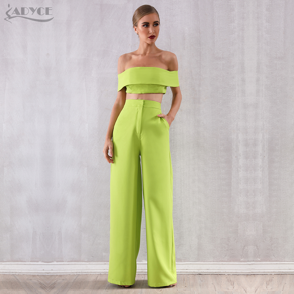   New Summer Two Pieces Sets Off Shoulder Short Sleeve Top&amp; Full Pants Women Fashion Green Slash Neck Casual Sets