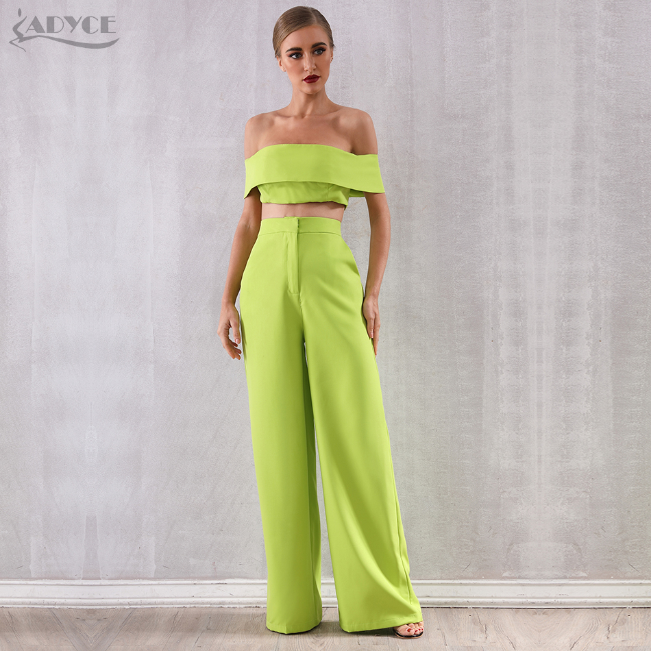   New Summer Two Pieces Sets Off Shoulder Short Sleeve Top& Full Pants Women Fashion Green Slash Neck Casual Sets