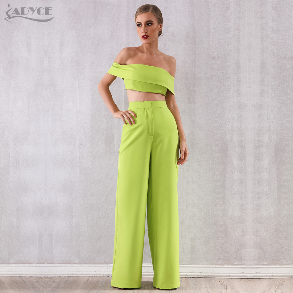  New Summer Two Pieces Sets Off Shoulder Short Sleeve Top& Full Pants Women Fashion Green Slash Neck Casual Sets