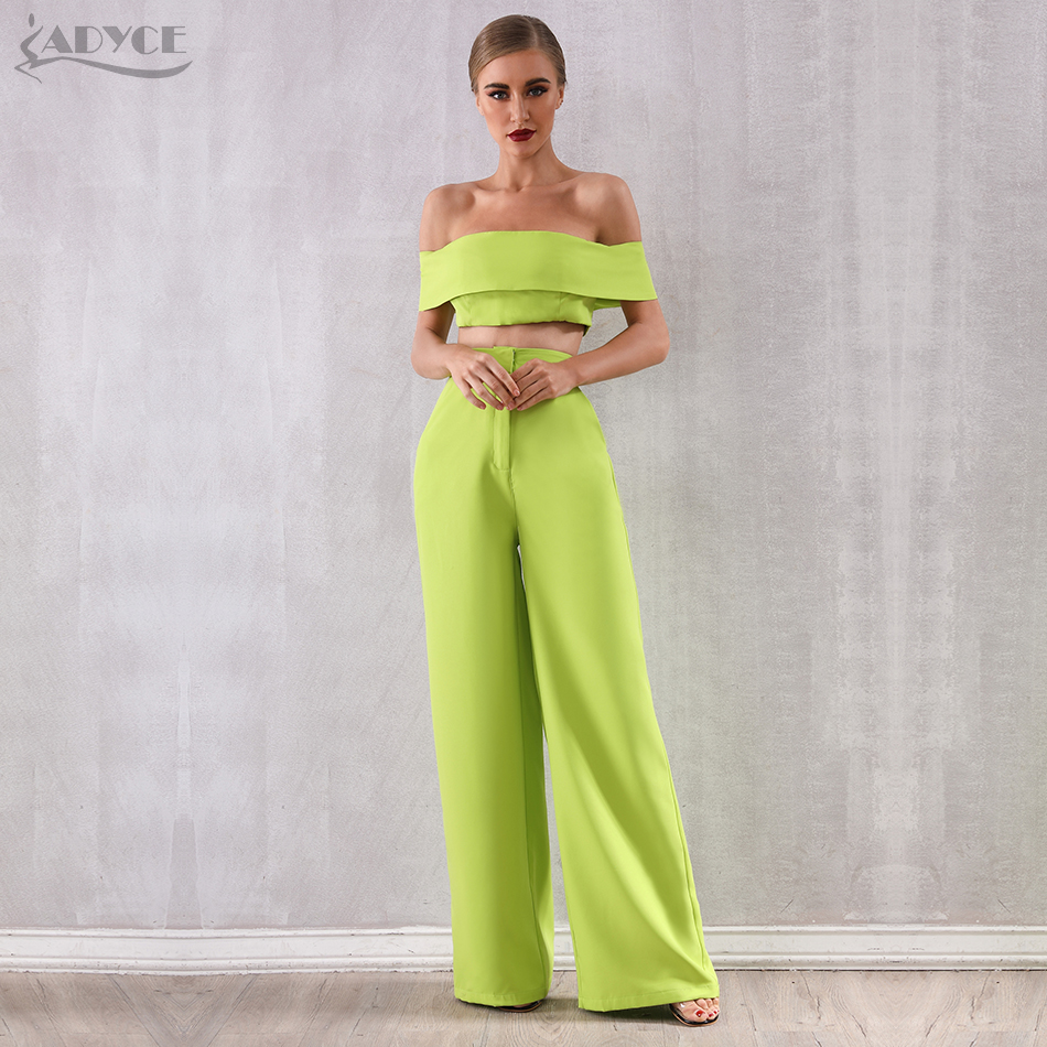   New Summer Two Pieces Sets Off Shoulder Short Sleeve Top& Full Pants Women Fashion Green Slash Neck Casual Sets