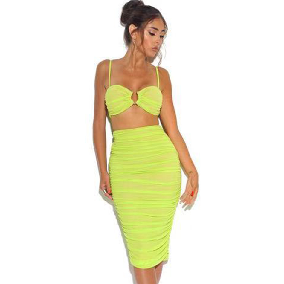   New Summer Women Bodycon Sets 2 Two pieces Set Top &amp; Skirt Green Strapless Sleeveless Celebrity Evening Party Dresses