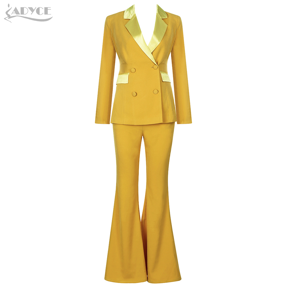   New Winter Yellow Long Sleeve Celebrity Evening Runway Party 2 Two Pieces Set Sexy V Neck Coat & Long Pants Club Sets