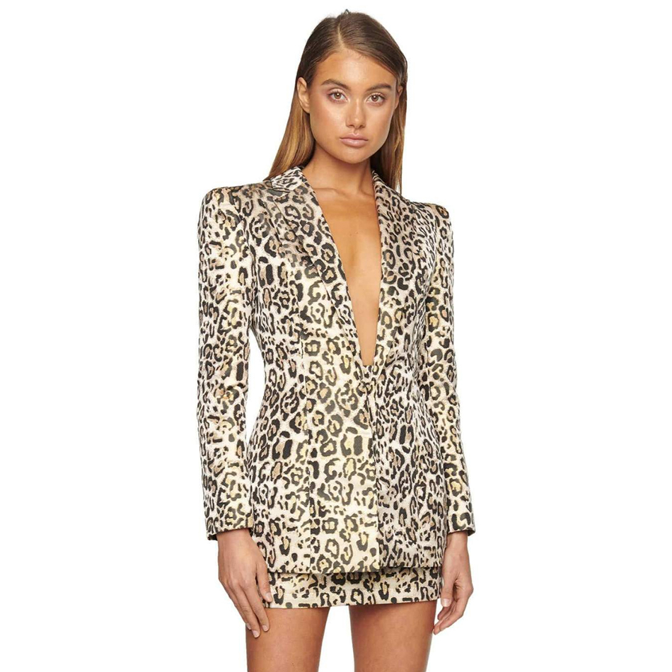  New Autumn Sexy Leopard Two Pieces Sets  Long Sleeve Deep V Neck Coat &Skirts Celebrity Evening Runway Party Sets