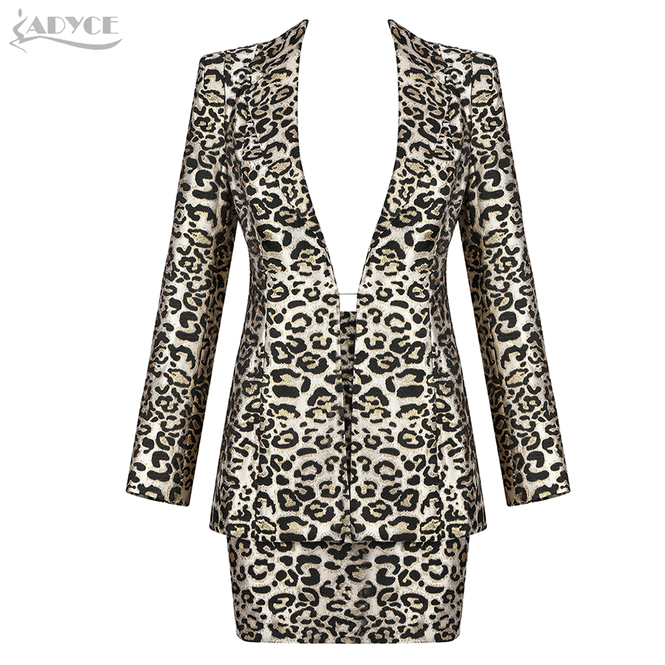  New Autumn Sexy Leopard Two Pieces Sets  Long Sleeve Deep V Neck Coat &Skirts Celebrity Evening Runway Party Sets