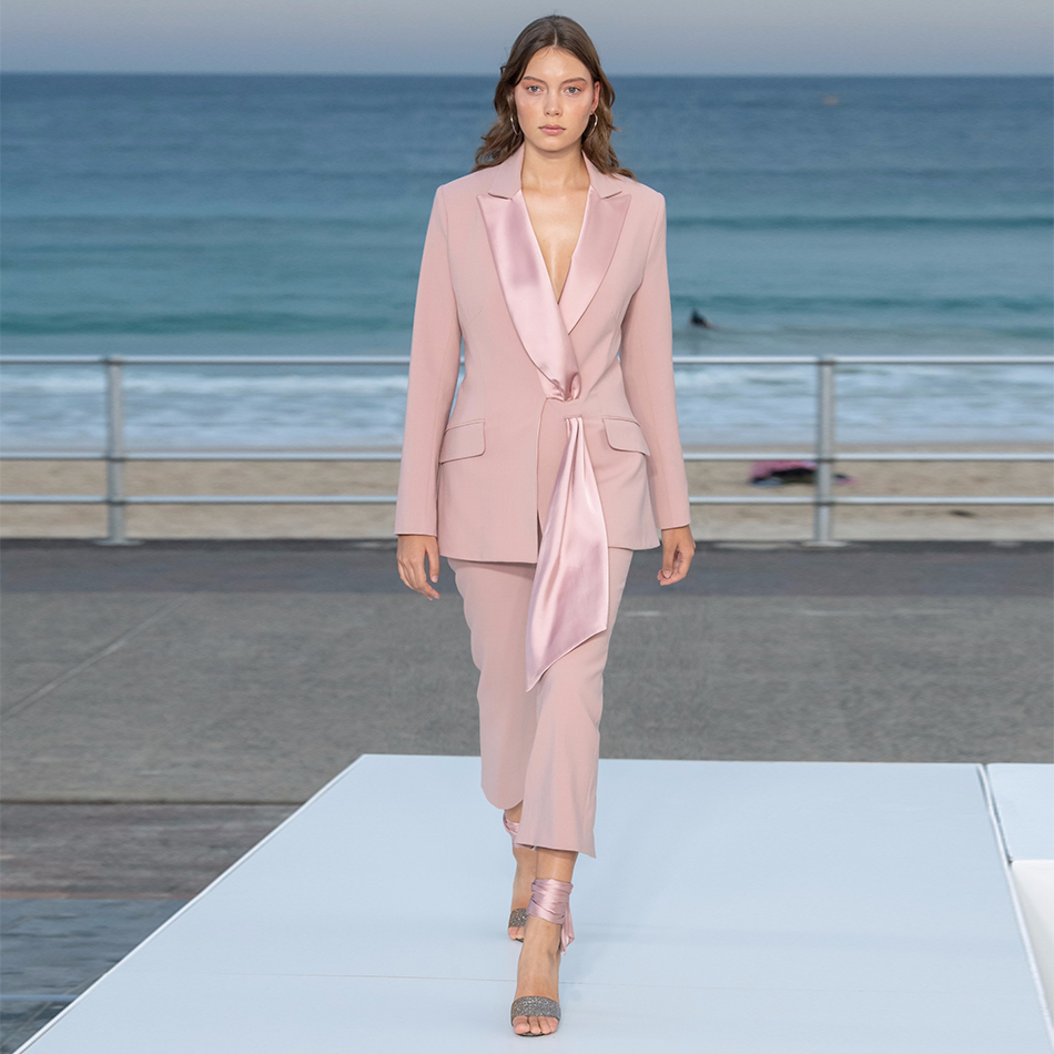   New Autumn Pink Long Sleeve Celebrity Evening Runway Party 2 Two Pieces Set Sexy V Neck Coat &amp; Long Pants Club Sets