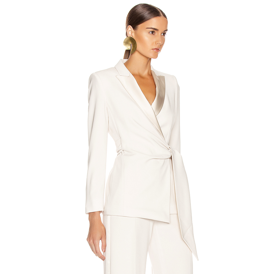   New Autumn White Long Sleeve Celebrity Evening Runway Party 2 Two Pieces Set Sexy V Neck Coat &amp; Long Pants Club Sets