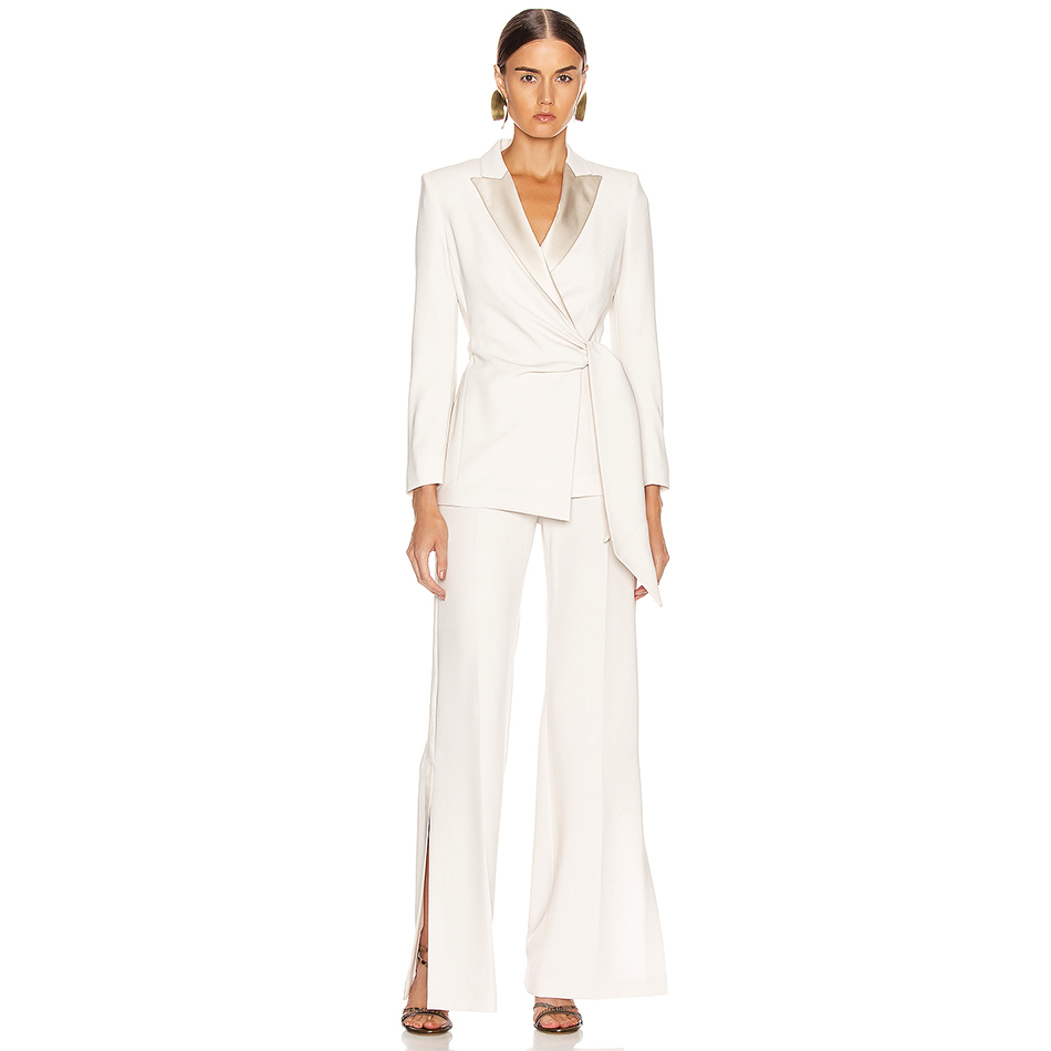   New Autumn White Long Sleeve Celebrity Evening Runway Party 2 Two Pieces Set Sexy V Neck Coat & Long Pants Club Sets