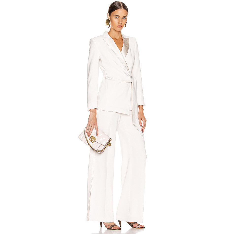   New Autumn White Long Sleeve Celebrity Evening Runway Party 2 Two Pieces Set Sexy V Neck Coat & Long Pants Club Sets