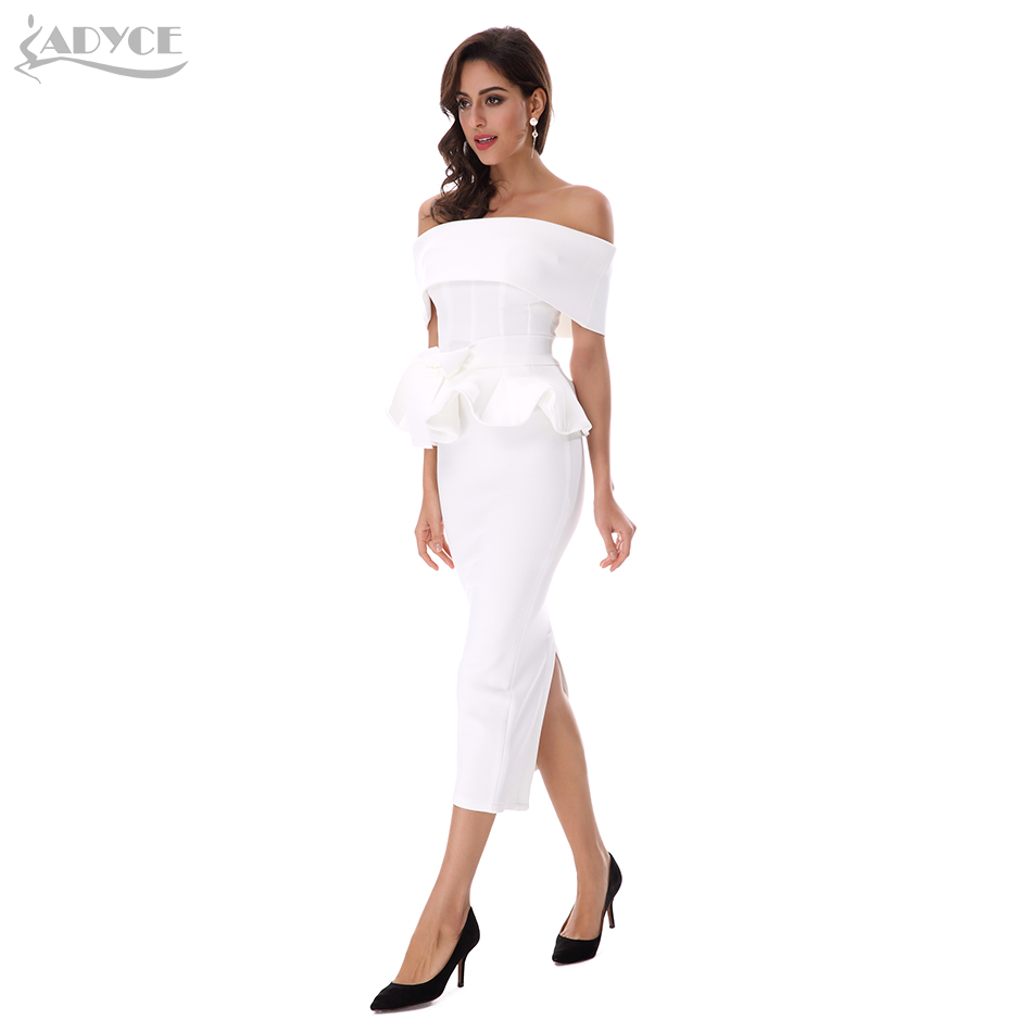  Bow&Ruffles Ankle Length Celebrity Evening Bodycon Party Dress  New White Slash Neck Short Sleeve Hot Club Dress Women