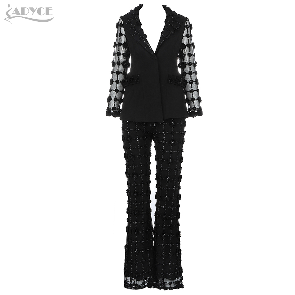   New Winter Women Fashion Sequined Celebrity Evening Party Dress Sexy V Neck Lace Black Club Coat&amp;Pants Two Pieces Set