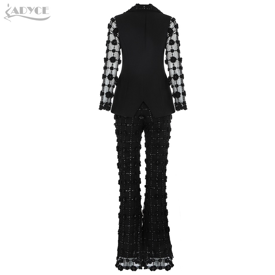   New Winter Women Fashion Sequined Celebrity Evening Party Dress Sexy V Neck Lace Black Club Coat&Pants Two Pieces Set