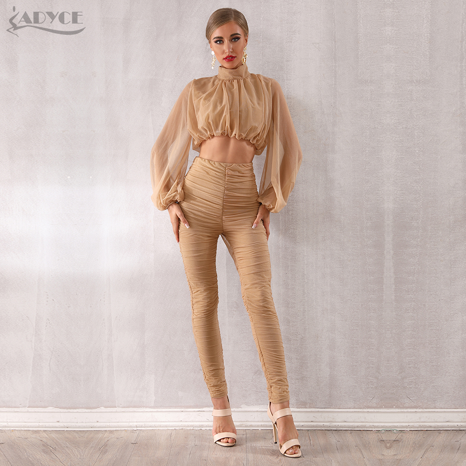   New Winter Women Club Sets Vestidos Khaki Tops&Pant 2 Two Pieces Set  Long Sleeve Draped Celebrity Evening Party Sets