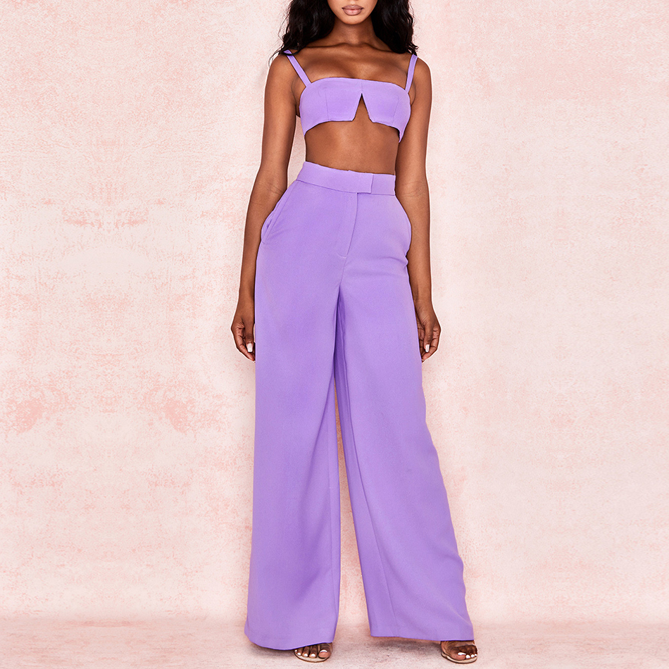   New Summer Arrive Violet Two Pieces Sets Spgahetti Strap Sleeveless Short Top& Long Pants Women Fashion Casual Sets