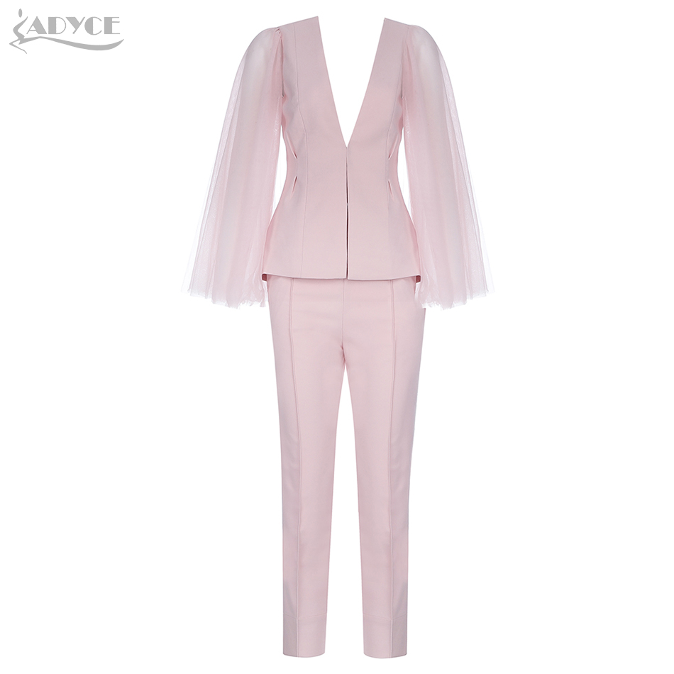   New Winter Pink Celebrity Evening Runway Party 2 Two Pieces Set Sexy V Neck Long Sleeve Coat & Pants Lace Club Sets