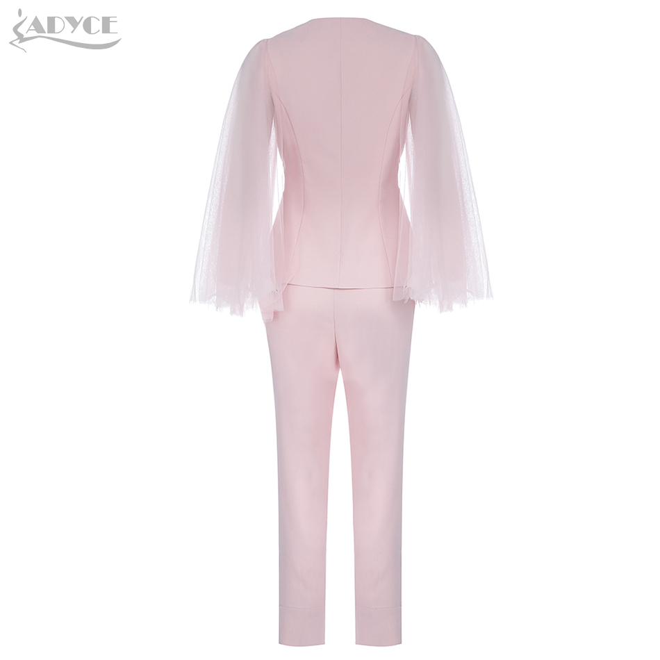   New Winter Pink Celebrity Evening Runway Party 2 Two Pieces Set Sexy V Neck Long Sleeve Coat & Pants Lace Club Sets