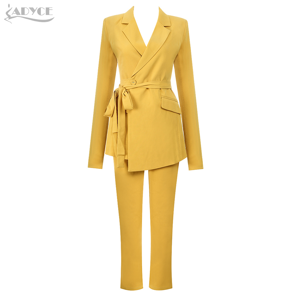   New Winter Yellow Celebrity Evening Runway Party 2 Two Pieces Set Sexy V Neck Long Sleeve Coat & Pants Sashes Sets