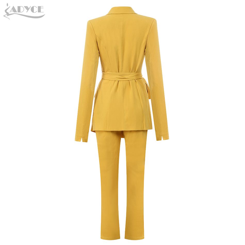  New Winter Yellow Celebrity Evening Runway Party 2 Two Pieces Set Sexy V Neck Long Sleeve Coat & Pants Sashes Sets