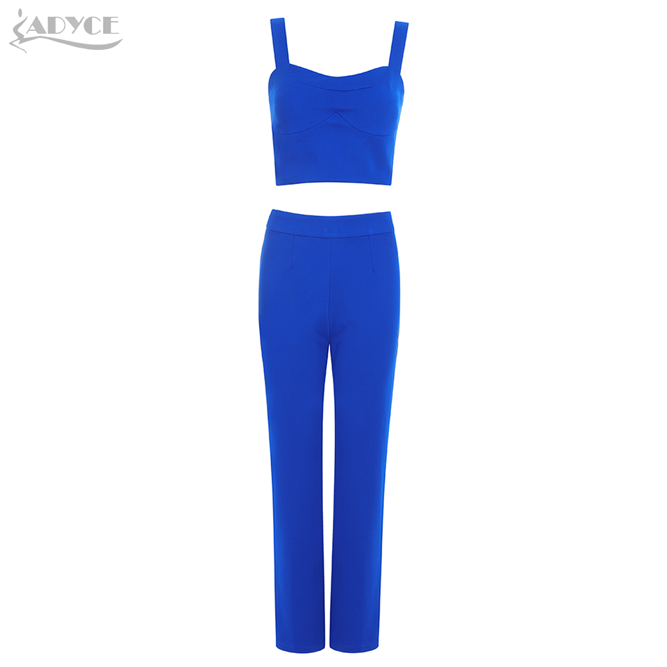   New Summer Blue Two Pieces Sets Sexy Spaghetti Strap Sleeveless Short Top&amp; Long Pants Women Fashion Club Party Sets