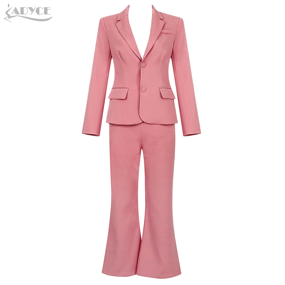   New Autumn Long Sleeve Celebrity Evening Runway Party 2 Two Pieces Set Sexy V Neck Pink Coat &amp; Long Pants Club Sets