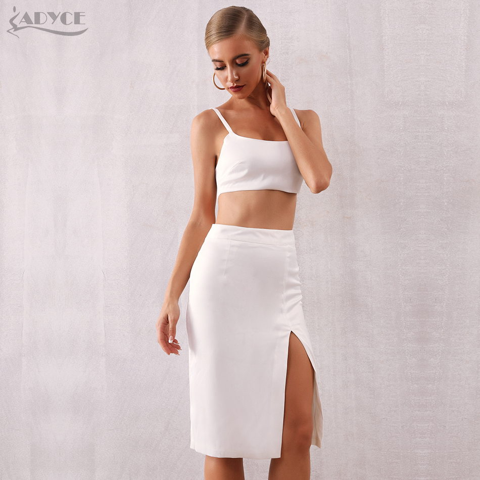   New Summer Women Bodycon Fashion Set Dress Vestido 2 Two pieces Set Top& Skirt White Sleeveless Celebrity Party Dress
