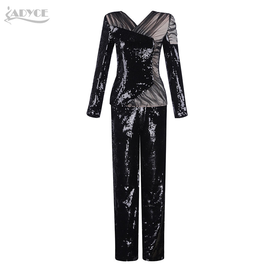   New Winter Woman Sets Black Long Sleeve Tops&Pants 2 Two Pieces Set Lace Sequins Night Out Celebrity Party Women Sets