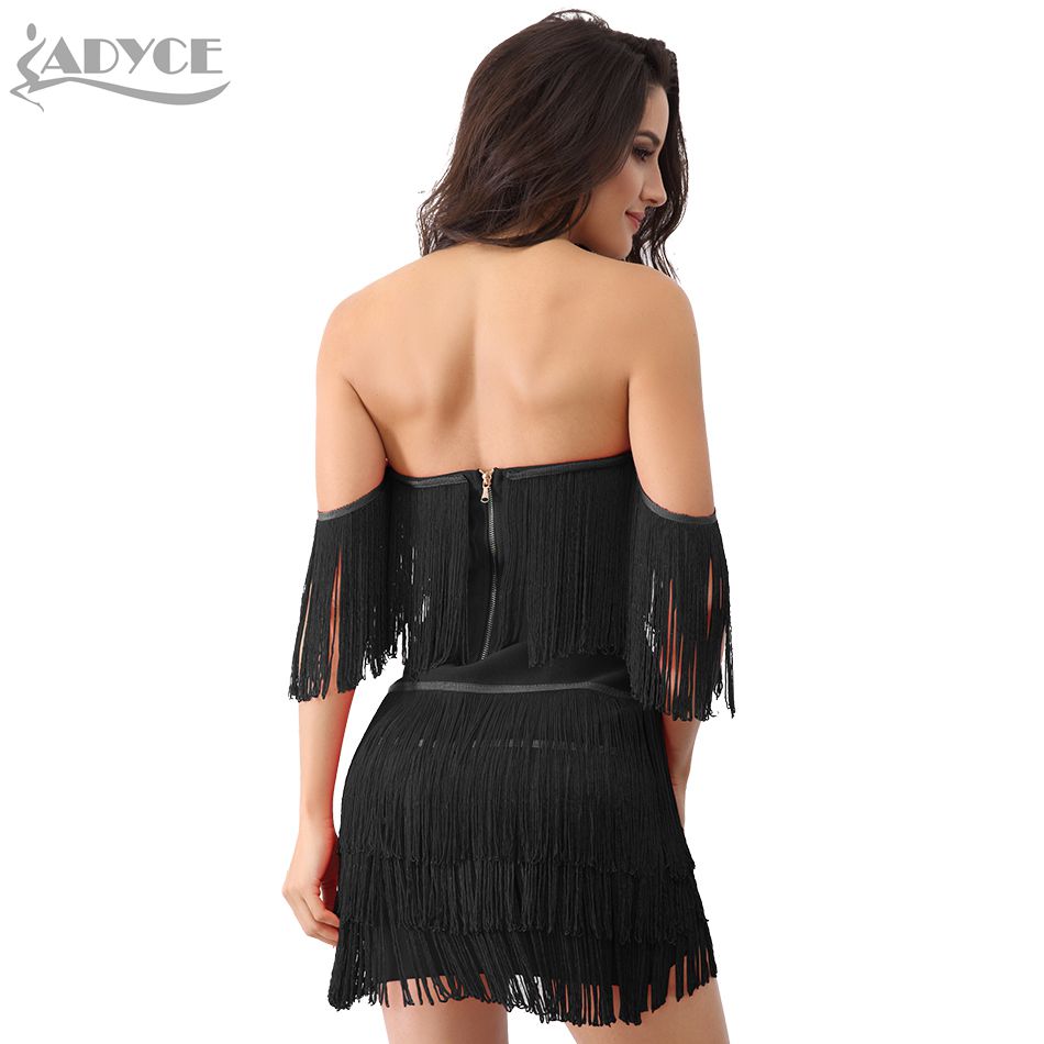   Summer Women Tassel Bandage Dress Elegant V Neck Off Shoulder Sexy Fringe White Short Sleeve Club Runway Party Dress