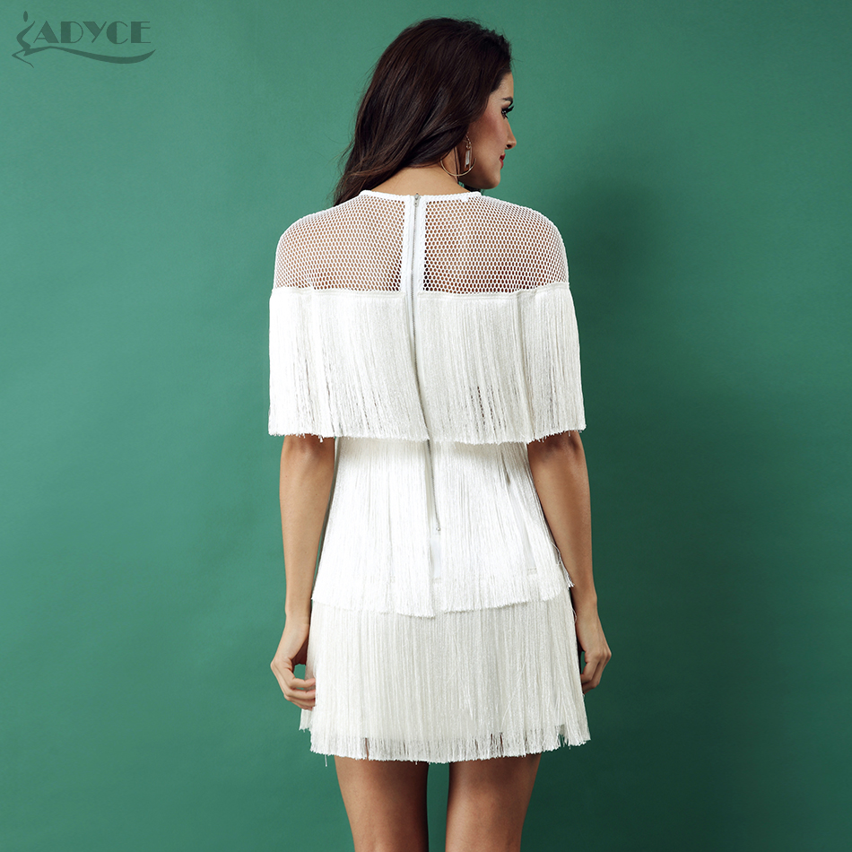  Summer White Tassels Celebrity Evening Party Dress Women Black Short Sleeve Mesh Sexy Hollow Out Fringe Club Dresses