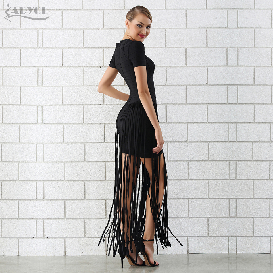   Summer Fringe Black Bandage Dress Women Sexy Short Sleeve Tassel Bodycon Club Celebrity Evening Party Dress Vestidos