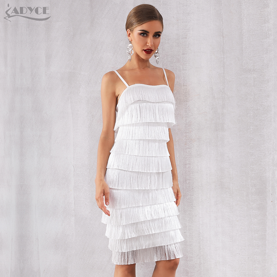   New Summer Bodycon Fringe Bandage Dress Women Vestidos White Spaghetti Strap Tassel Club Dress Celebrity Party Dress