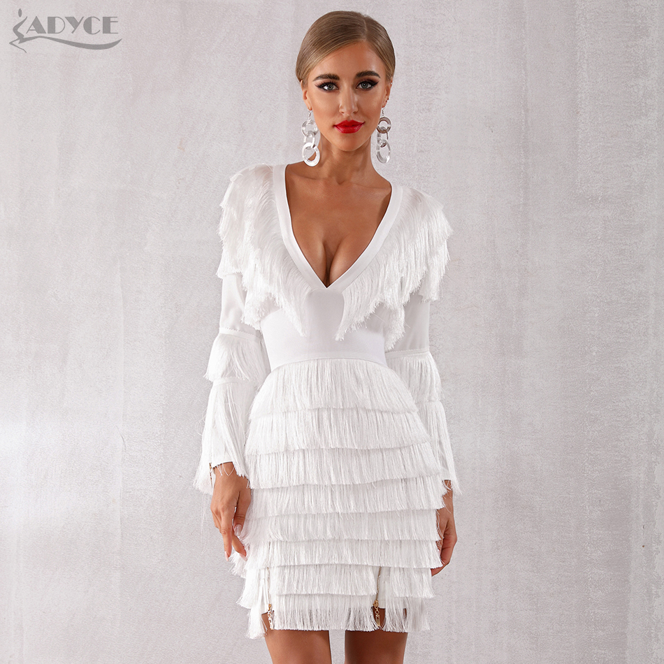  New Women Celebrity Evening Party Fringe Dress Vestido  Winter White Deep V Long Sleeve Tassel Mini Club Bodycon Dress