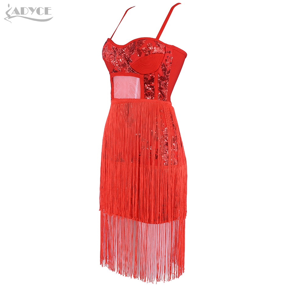   Summer Bodycon Bandage Dress Vestidos Women Celebrity Party Dress Red Spaghetti Strap Tassel Fringe Mini Club Dresses